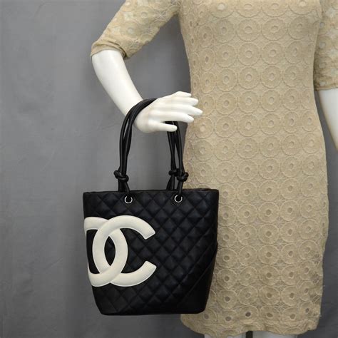 chanel calfskin quilted medium cambon tote black white|chanel handbags uk.